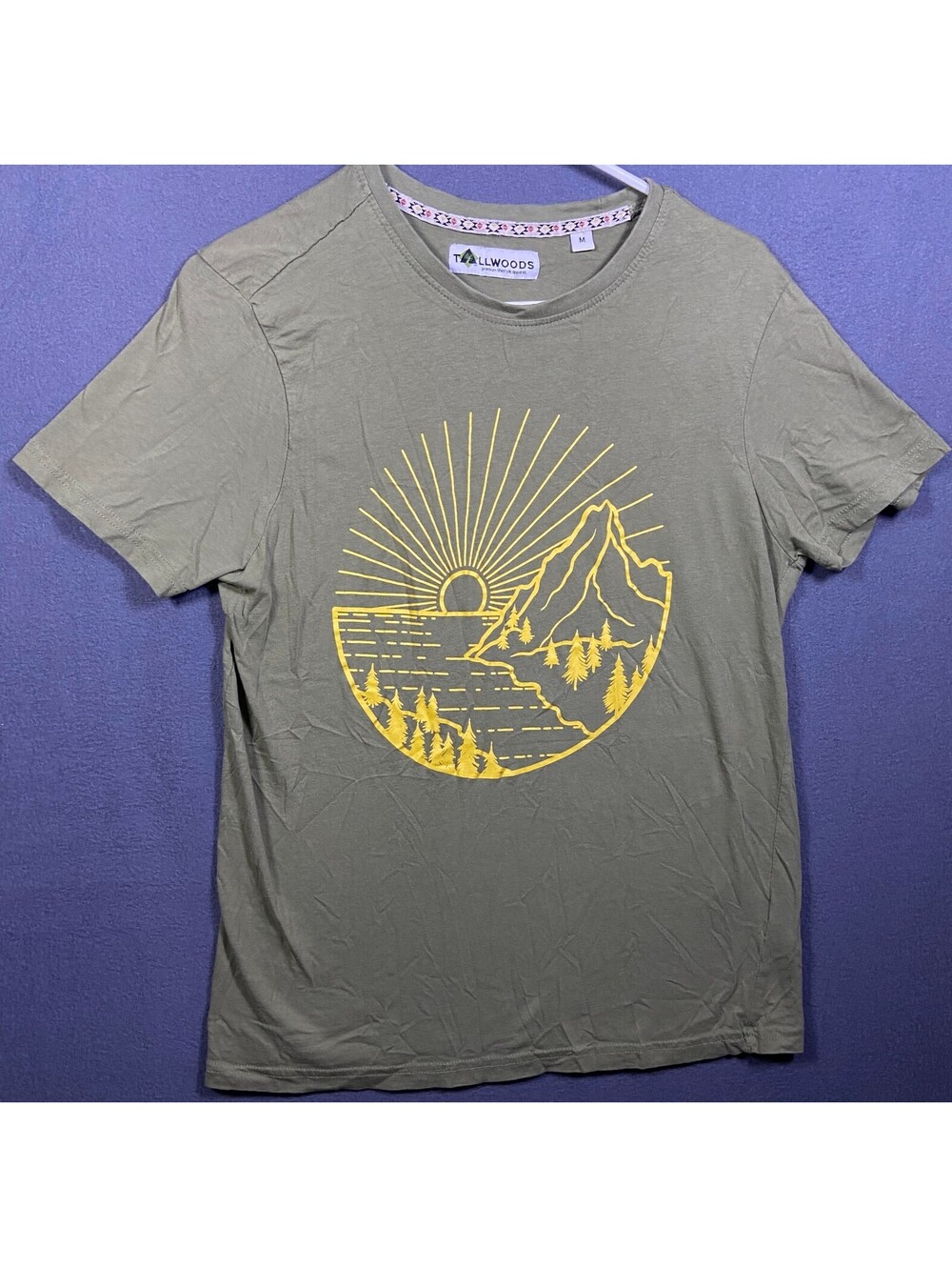 Tallwoods Olive Green T-Shirt with Yellow Mountain and Sun Graphic, Size M 19x26